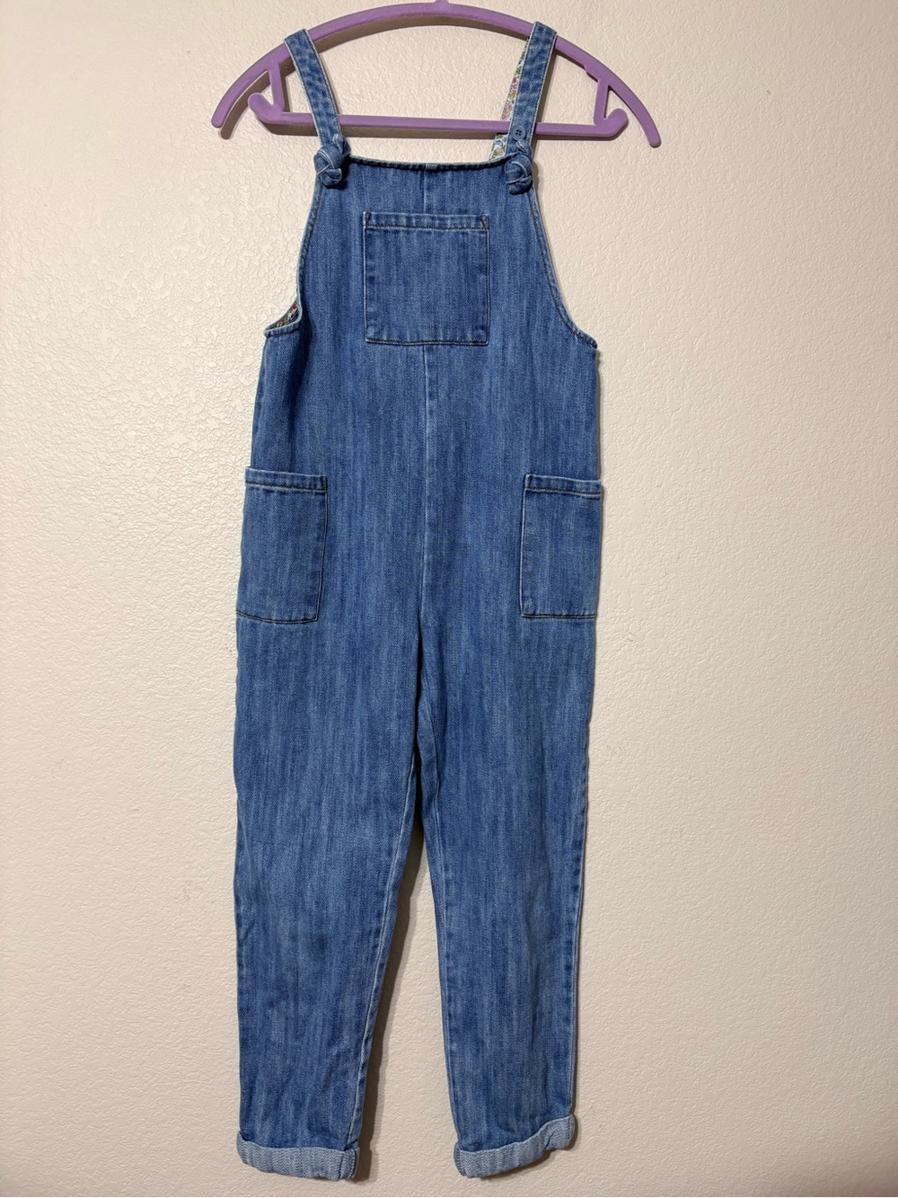 Mini Boden kids' blue denim
overalls Floral Detail Adjustable Patch Pockets 9yr